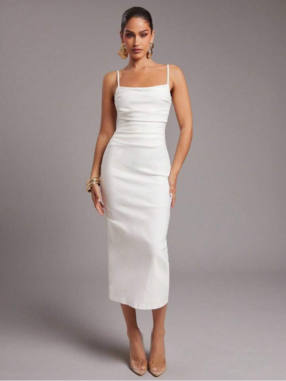 Chic White Square-Neck Spaghetti-Strap Midi Slip Dress